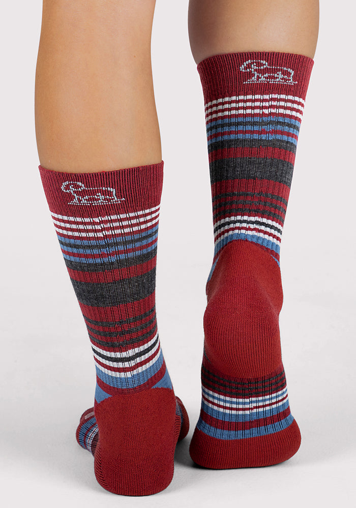 Two feet wear Woolx Womens Everyday Crew Socks - Rhubarb Stripe, shown from the back. The socks have red, black, white, and blue stripes, a logo near the top, solid red heels, and a plain light background.