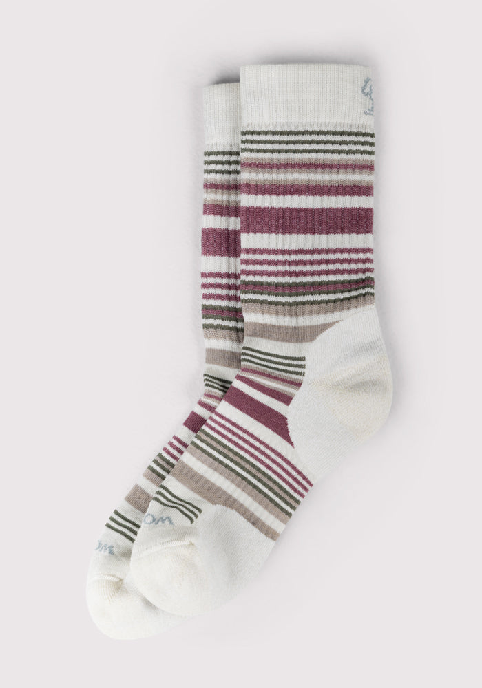 The Woolx Womens Everyday Crew Socks in Buttercream Stripe feature cushioned comfort and horizontal stripes in burgundy, olive green, and beige on white, displayed on a light background.