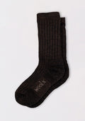 A pair of Womens Joey Crew Socks by Woolx in Dark Espresso, featuring ribbed merino wool and "wool" printed on the sole, shown on a plain light background.
