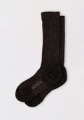 A pair of Woolx Womens Joey Mid Calf Socks in Dark Espresso, featuring ribbed merino wool and "MOON" in light letters on the sole, displayed flat on a plain white background.