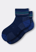 The Woolx Womens Rambler Ankle Sock in Deep Navy features teal, blue, and white striped cuffs on Merino wool.