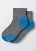 A pair of Woolx Womens Rambler Ankle Sock - Dolphin in gray with blue toes and heels, purple and dark gray stripes at the top, and a textured knit pattern for moisture control, shown on a white background.