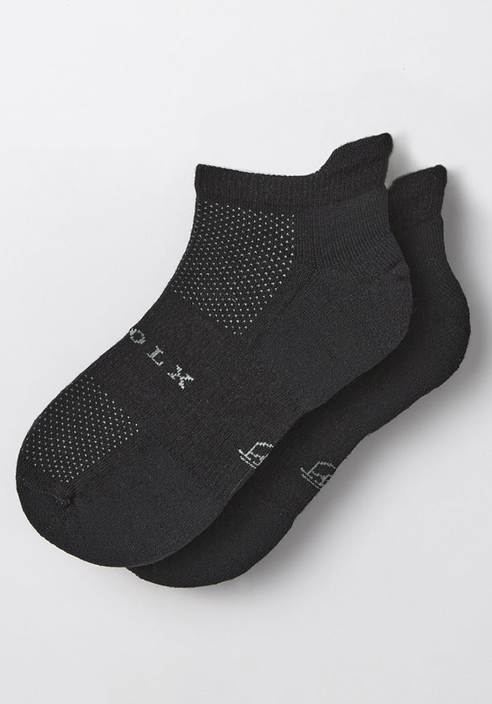 Woolx Womens Rowan No Show Socks in Black Pepper feature moisture-wicking fabric and a textured pattern on the tops and bottoms, shown on a white background.