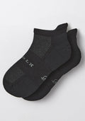 Woolx Womens Rowan No Show Socks in Black Pepper feature moisture-wicking fabric and a textured pattern on the tops and bottoms, shown on a white background.