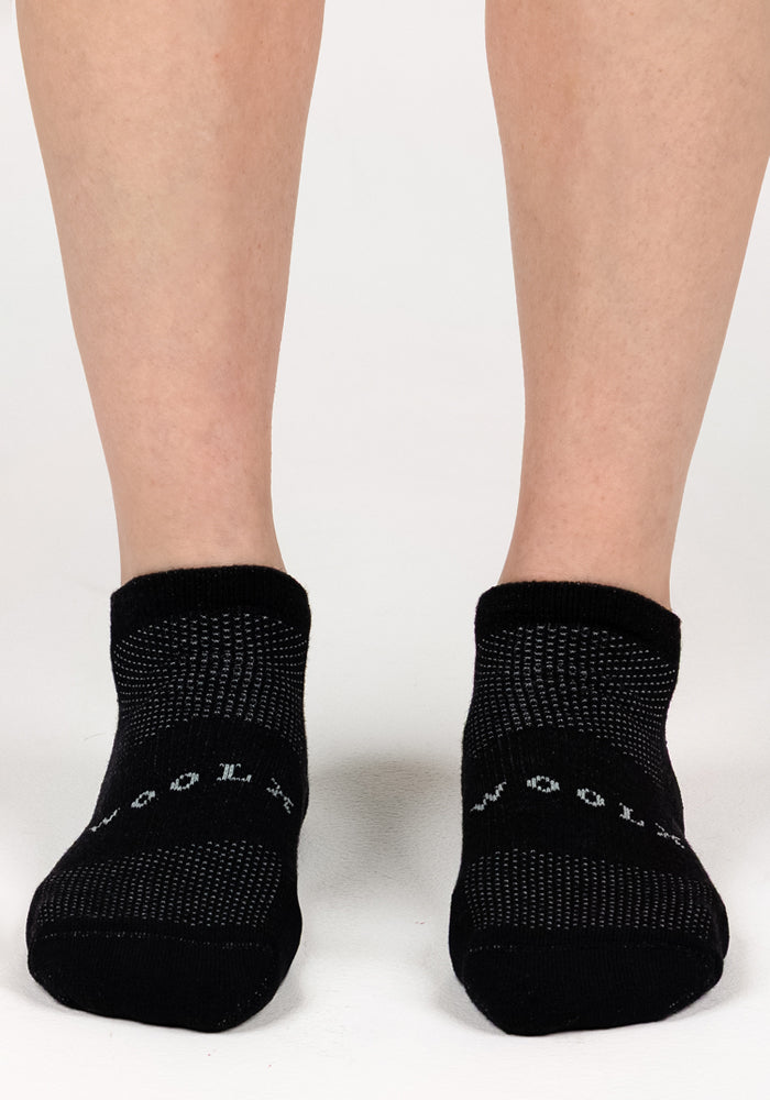 A close-up of two feet wearing Woolx Womens Rowan No Show Socks in Black Pepper, featuring a textured pattern and "WOOL" on the toes, standing on a white background.