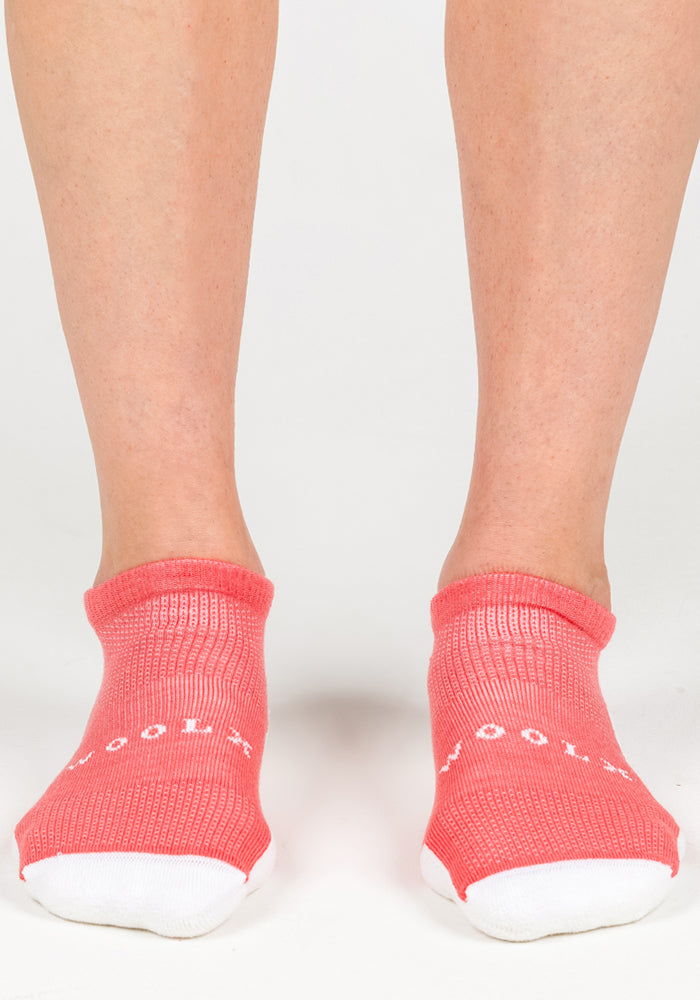 A pair of feet wear Woolx Womens Rowan No Show Socks in Taffy Twist—pink Merino wool socks with white toes and partially visible "WOOL" text—standing on a white surface.