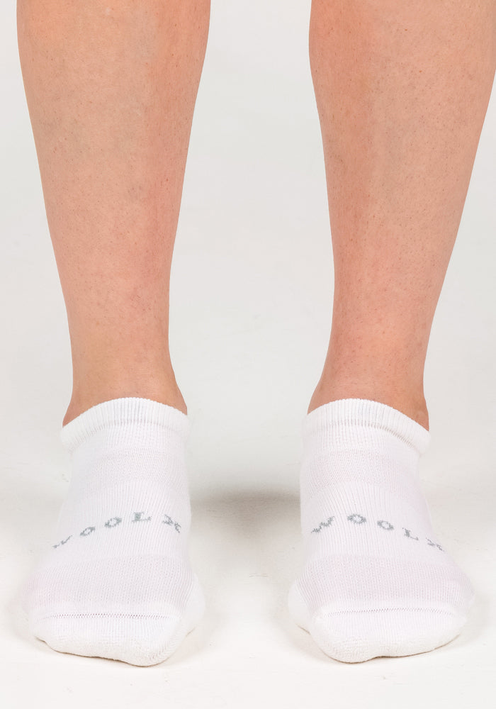 A person stands on a white surface wearing Woolx Womens Rowan No Show Socks in White Lightning, which cover the feet and ankles with subtle text on top. Only their lower legs and feet are visible in the image.