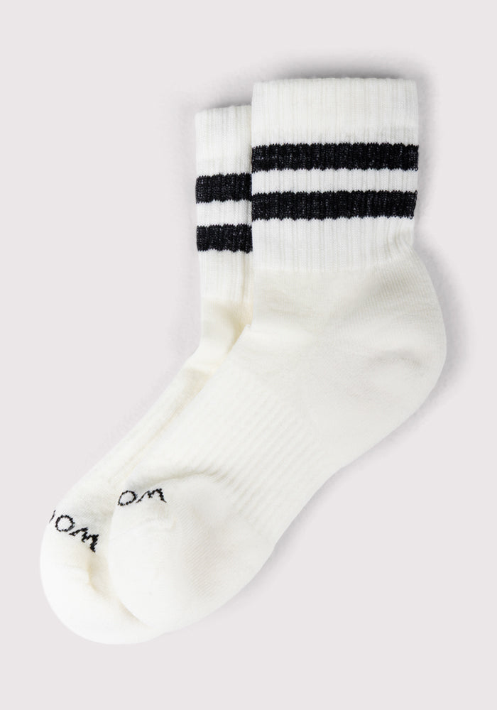 Woolx Womens Varsity Mini Crew Socks • Final Sale - Classic Stripe: White mini crew socks with two black stripes near the top and small black text on the toes, shown against a light background.