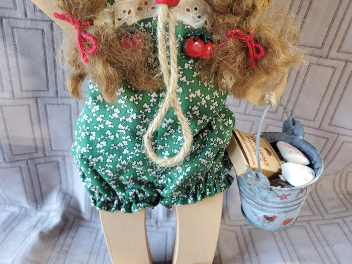 Wooden Folk Art Doll Holding Seashell and Bucket
