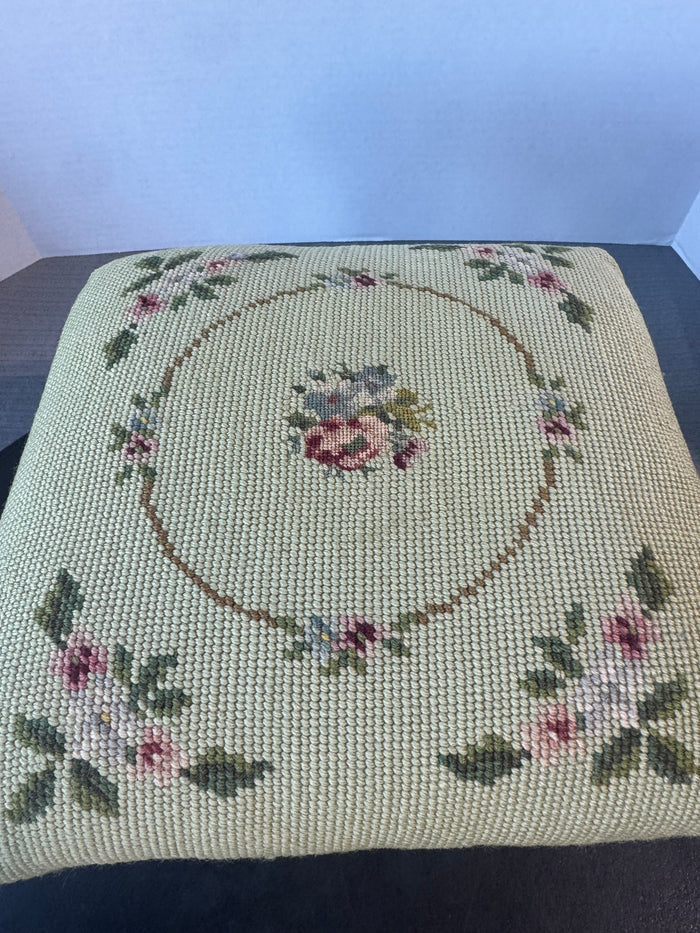 Wooden Vintage Floral Needlepoint Foot Stool AS IS (READ DESCRIPTION CAREFULLY)