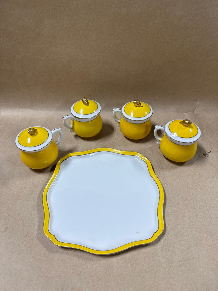 Yellow And Gold Teacups With Lids And Marching Tray