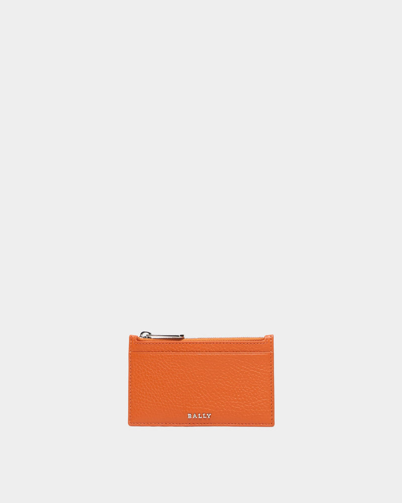 Zipped Card Holder In Orange Grained Leather