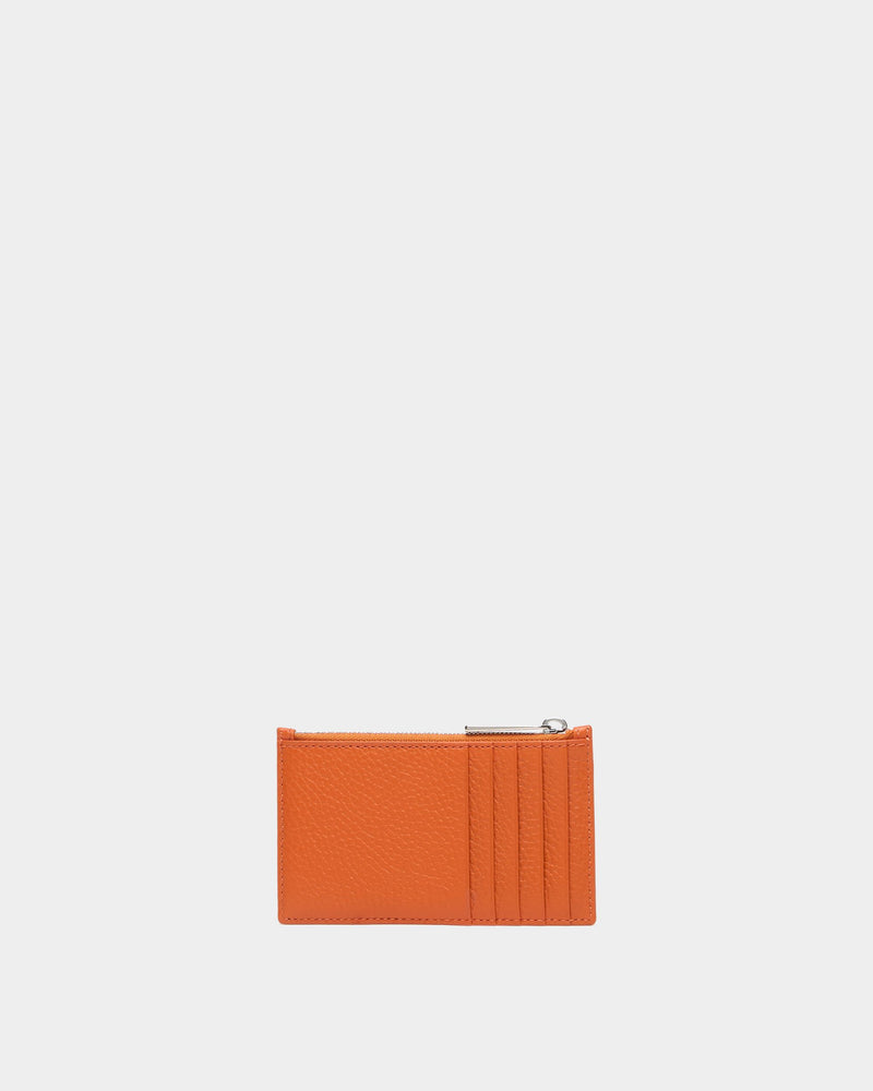 Zipped Card Holder In Orange Grained Leather