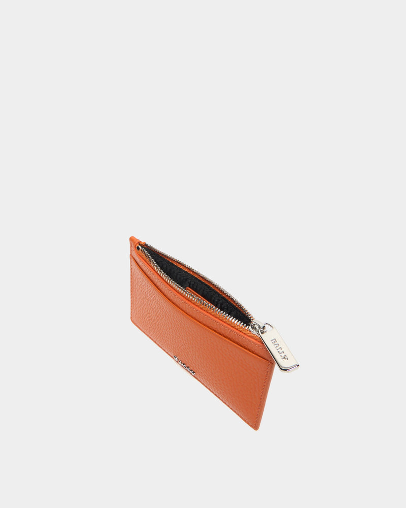 Zipped Card Holder In Orange Grained Leather