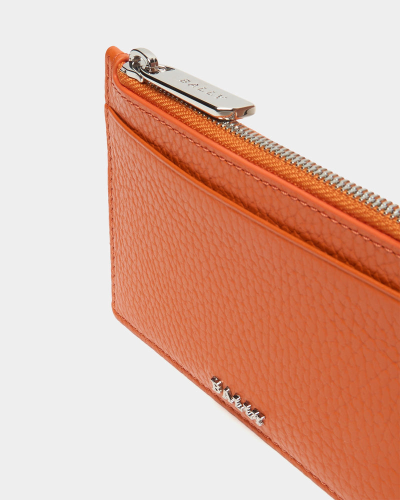 Zipped Card Holder In Orange Grained Leather